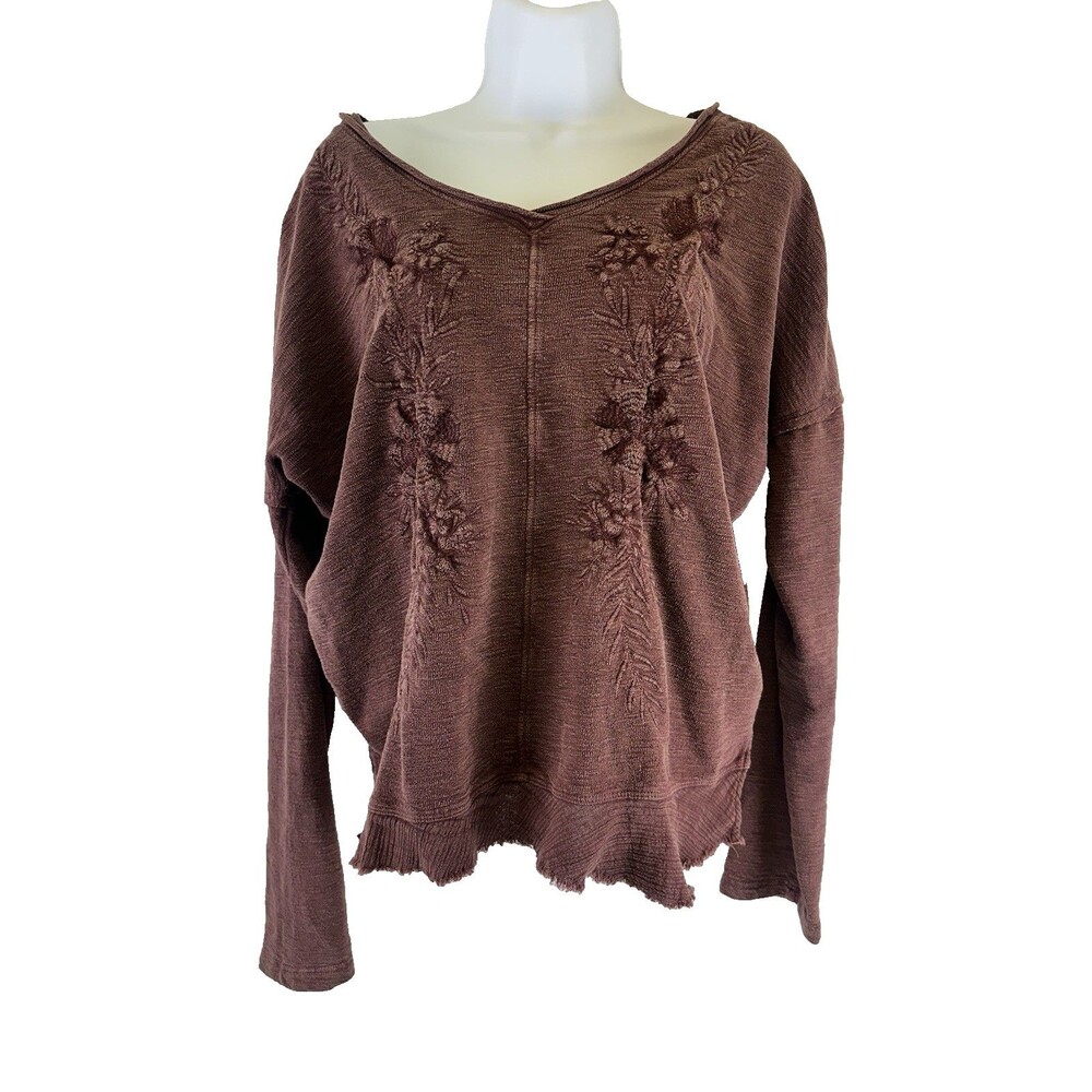 Karyn Seo Cotton Top Boho Embroidered Rust Purple Lightweight Dolman Long Sleeve